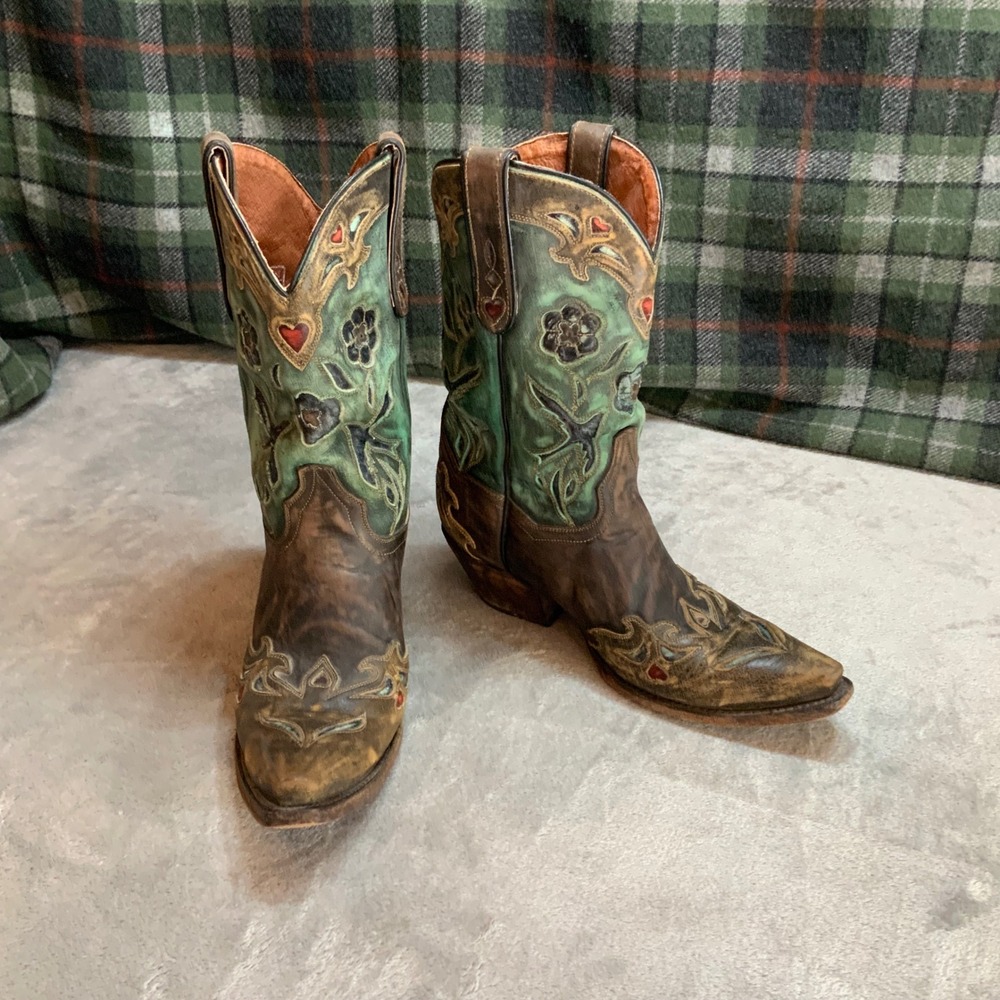 Dan Post Vintage Womens Brown Teal Leather Bluebird Western Cowboy Boots Size 9